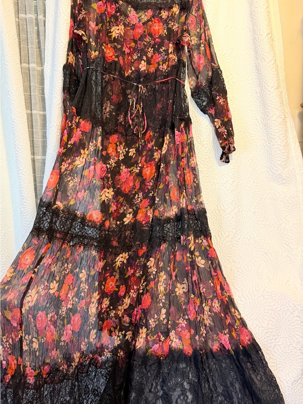 Johnny Was Black Sheer Floral Lace Maxi Dress with Pink & Orange Blooms #elegat - Picture 2 of 6